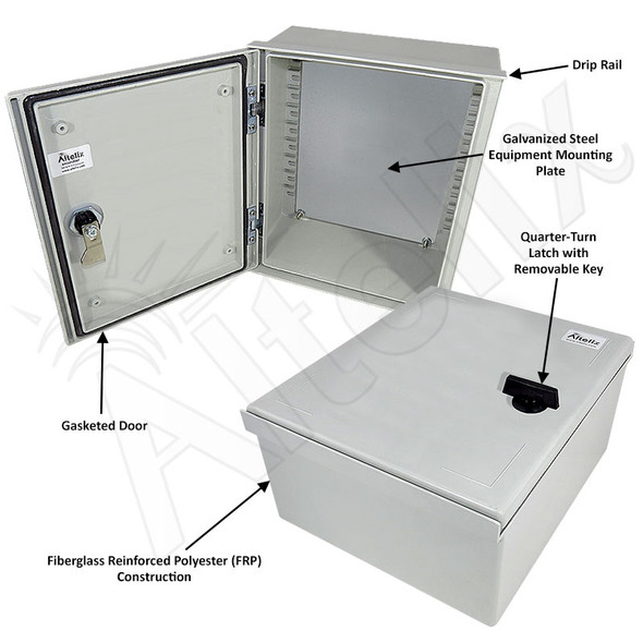 Altelix 12x10x6 Fiberglass FRP NEMA 3x / IP65 Weatherproof Equipment Enclosure with Blank Steel Equipment Mounting Plate