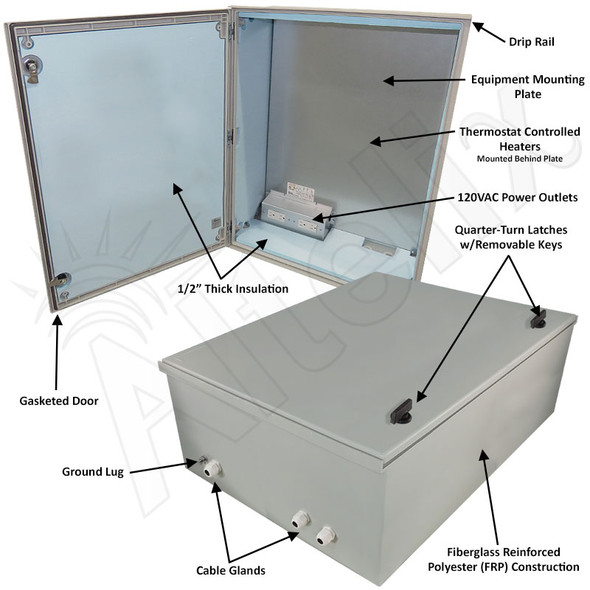 Altelix 32x24x12 Insulated NEMA 4X Fiberglass Heated Weatherproof Enclosure with Equipment Mounting Plate, 400W Heater & 120 VAC Outlets