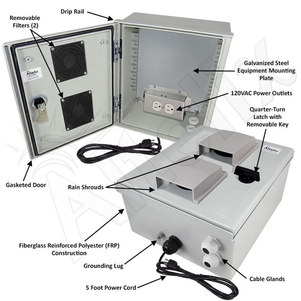 Altelix 12x10x6 Vented Fiberglass Weatherproof NEMA Enclosure with Equipment Mounting Plate, 120 VAC Outlets & Power Cord