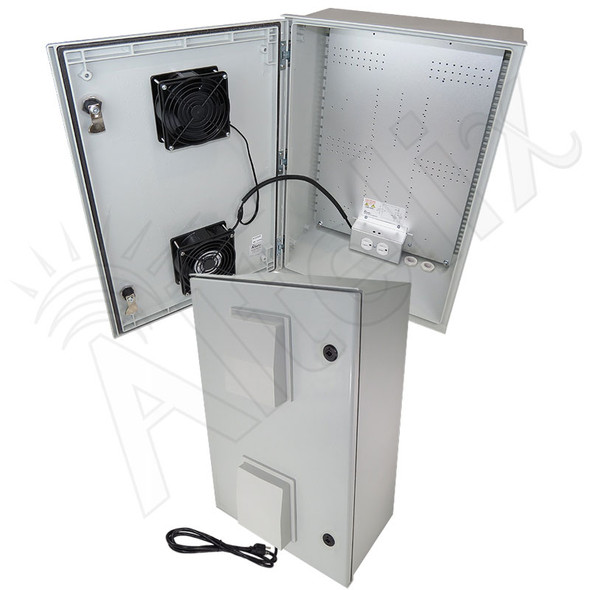 Altelix 24x16x9 Vented Fiberglass Heated Weatherproof NEMA Enclosure with Dual Cooling Fans, 400W Heater, 120 VAC Outlets & Power Cord