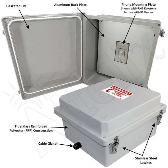 Altelix 14x12x8 NEMA 4X Fiberglass Outdoor Weatherproof IP Telephone Call Box with Emergency Phone Label