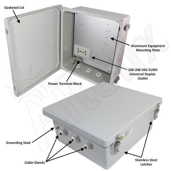 Altelix 14x12x6 Fiberglass Weatherproof NEMA Enclosure with Aluminum Mounting Plate and Universal 100-240 VAC Outlets