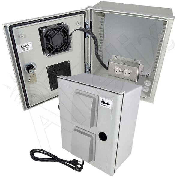 Altelix 12x10x6 Vented Fiberglass Weatherproof NEMA Enclosure with 120 VAC Outlets, Power Cord & 85&deg;F Turn-On Cooling Fan