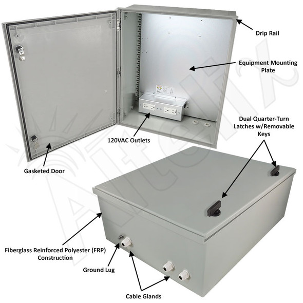 Altelix 24x20x9 NEMA 4X Fiberglass Weatherproof Enclosure with Equipment Mounting Plate & 120 VAC Outlets