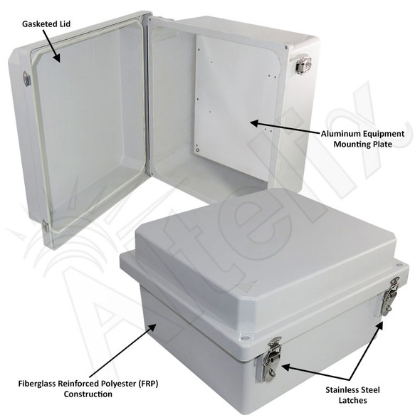 Altelix 14x12x8 FRP Fiberglass Weatherproof NEMA 4x Enclosure with Blank Aluminum Mounting Plate NEMA Box