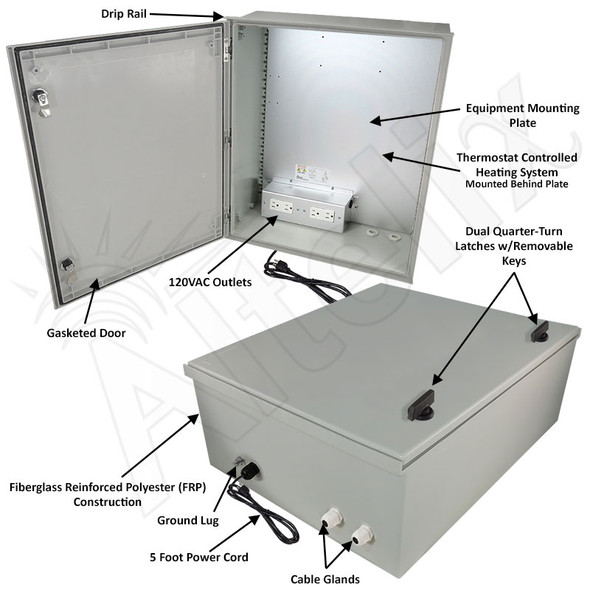 Altelix 24x20x9 NEMA 4X Fiberglass Heated Weatherproof Enclosure with Equipment Mounting Plate, 120 VAC Outlets and Power Cord
