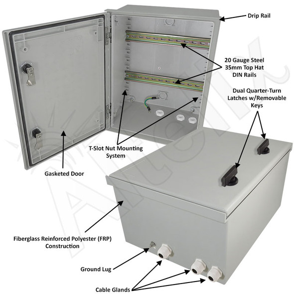 Altelix 16x12x8 Industrial DIN Rail Enclosure Fiberglass NEMA 4X