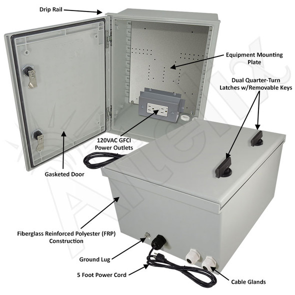 Altelix 16x12x8 NEMA 4X Fiberglass Weatherproof Enclosure with Equipment Mounting Plate & 120 VAC GFCI Outlets & Power Cord