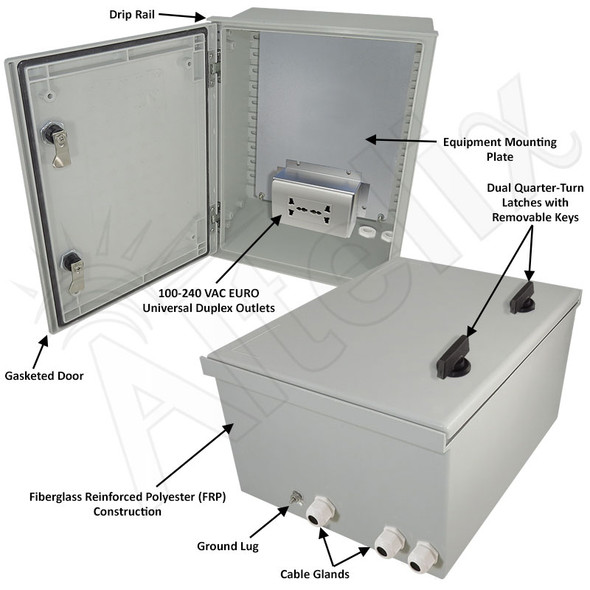 Altelix 16x12x8 NEMA 3X Fiberglass Weatherproof Enclosure with Equipment Mounting Plate & 100-240 VAC Universal Power Outlet