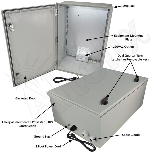 Altelix 24x16x9 NEMA 4X Fiberglass Weatherproof Enclosure with Equipment Mounting Plate & 120 VAC Outlets & Power Cord