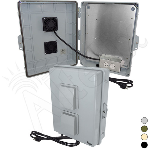 Altelix 17x14x6 Polycarbonate + ABS Vented Fan Cooled Weatherproof NEMA Enclosure with Aluminum Mounting Plate, 120 VAC Outlets and Power Cord
