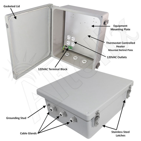 Altelix 14x12x6 Fiberglass Weatherproof Heated NEMA Enclosure with Thermostat Controlled 200W Heater and 120VAC Outlets