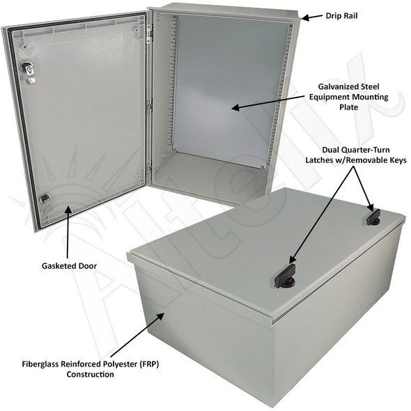 Altelix 24x16x9 NEMA 4X Fiberglass Weatherproof Enclosure with Blank Steel Equipment Mounting Plate