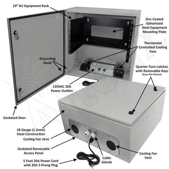 Altelix 24x24x12 120VAC 20A Steel NEMA Enclosure with 19" Wide 6U Rack, Dual Cooling Fans, 20A Power Outlets & Power Cord