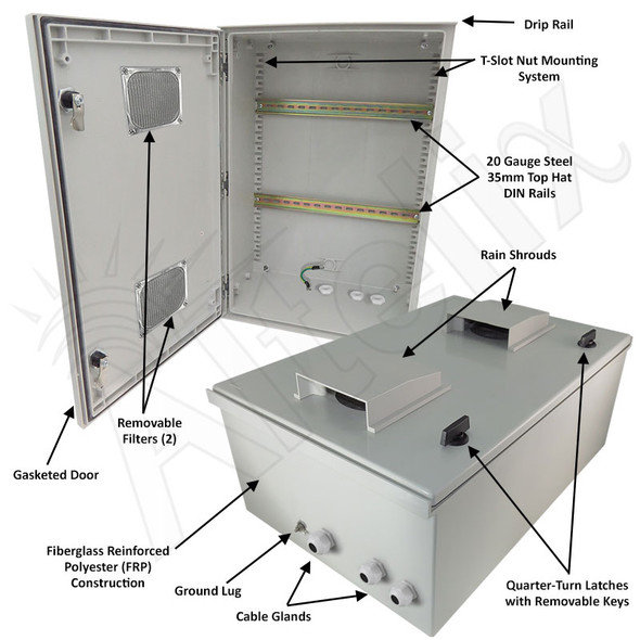 Altelix 24x16x9 Vented Industrial DIN Rail Fiberglass Weatherproof NEMA Enclosure