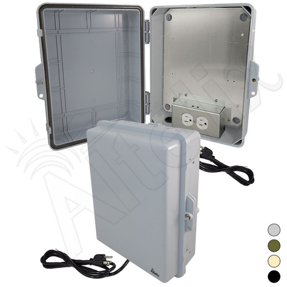 Altelix 14x11x5 Polycarbonate + ABS Weatherproof NEMA Enclosure with Aluminum Mounting Plate, 120 VAC Outlets and Power Cord