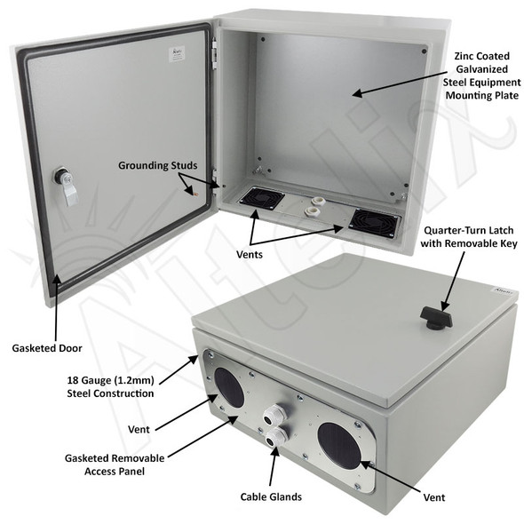 Altelix 16x16x8 Vented Steel Weatherproof NEMA Enclosure with Steel Equipment Mounting Plate