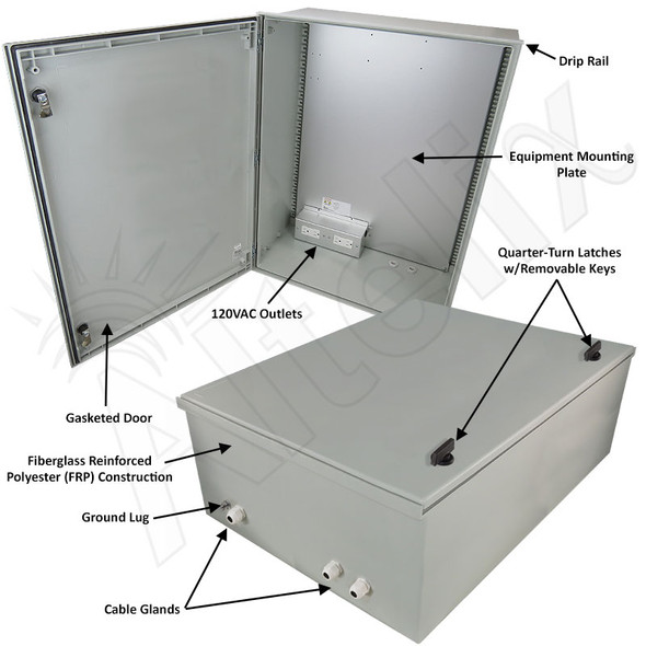 Altelix 32x24x12 NEMA 4X Fiberglass Weatherproof Enclosure with Equipment Mounting Plate & 120 VAC Outlets