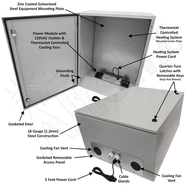 Altelix 32x24x16 Steel Heated Weatherproof NEMA Enclosure with Dual Cooling Fans, 400W Heater. 120 VAC Outlets and Power Cord