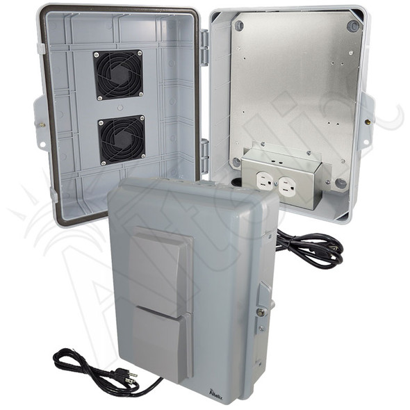 Altelix 14x11x5 Polycarbonate + ABS Vented Weatherproof NEMA Enclosure with Aluminum Mounting Plate, 120 VAC Outlets and Power Cord