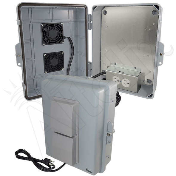 Altelix 14x11x5 Polycarbonate + ABS Vented Fan Cooled Weatherproof NEMA Enclosure with Aluminum Mounting Plate, 120 VAC Outlets & Power Cord
