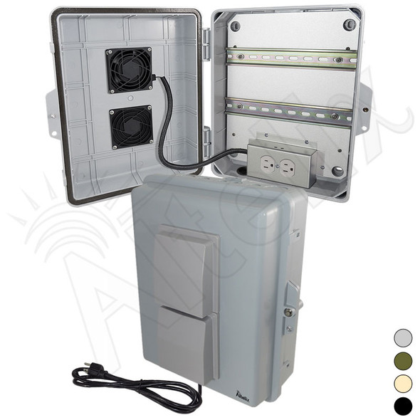 Altelix 14x11x5 Polycarbonate + ABS Vented Fan Cooled Weatherproof DIN Rail NEMA Enclosure with 120 VAC Outlets and Power Cord