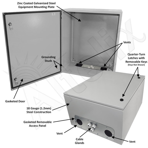 Altelix 28x24x16 Vented Steel Weatherproof NEMA Enclosure with Steel Equipment Mounting Plate