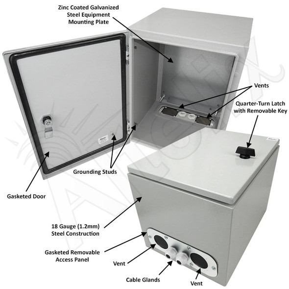 Altelix 16x12x12 Vented Steel Weatherproof NEMA Enclosure with Steel Equipment Mounting Plate