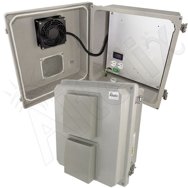 Altelix 14x12x8 Fiberglass Weatherproof Vented NEMA Enclosure with 120 VAC Outlets and Cooling Fan with Digital Temperature Controller