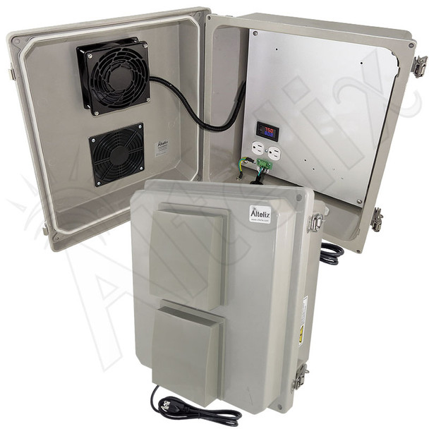 Altelix 14x12x8 Fiberglass Weatherproof Vented NEMA Enclosure with 120 VAC Outlets, Power Cord & Cooling Fan with Digital Temperature Controller