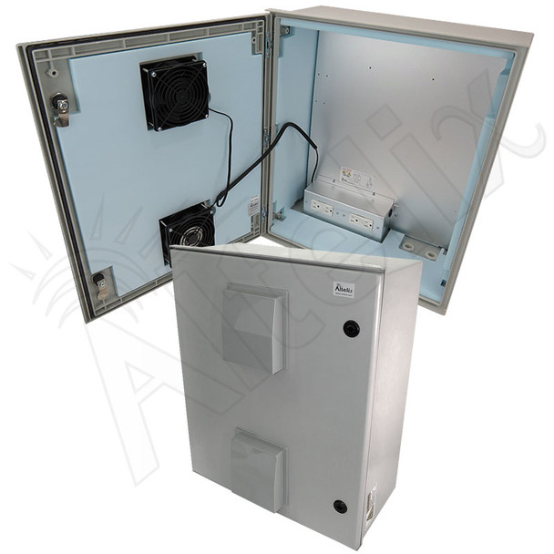 Altelix 24x20x9 Vented Insulated Fiberglass Heated Weatherproof NEMA Enclosure with Dual Cooling Fans, 400W Heater and 120 VAC Outlets