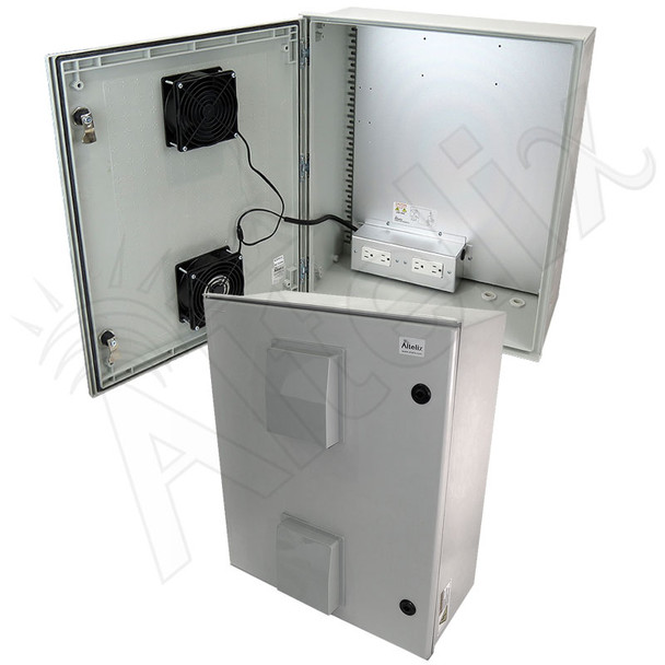 Altelix 24x20x9 Vented Fiberglass Weatherproof NEMA Enclosure with 120 VAC Outlets & Dual 85°F Turn-On Cooling Fans