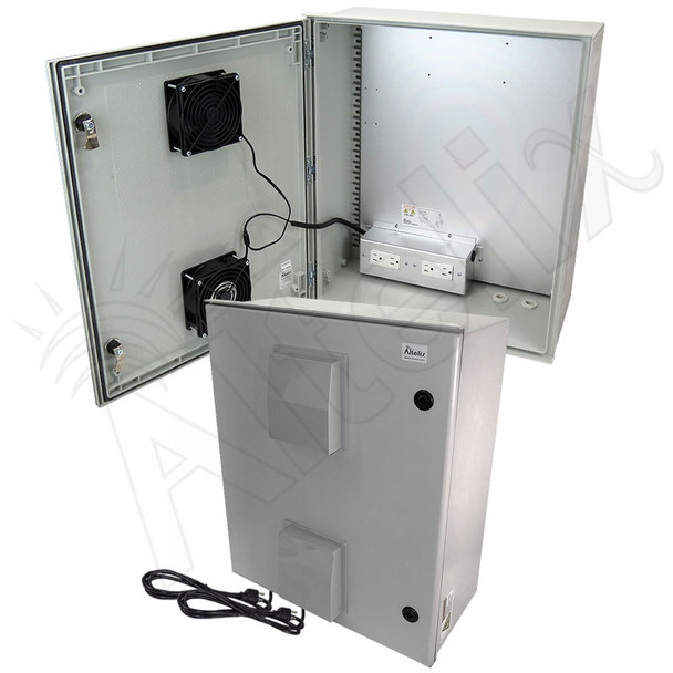Altelix 24x20x9 Vented Fiberglass Weatherproof NEMA Enclosure with 120 VAC Outlets, Power Cord & Dual 85°F Turn-On Cooling Fans