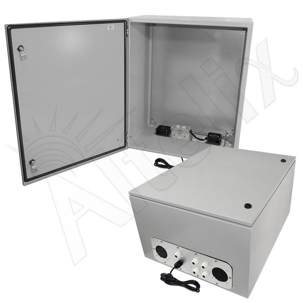 Altelix 28x24x16 Steel Weatherproof NEMA Enclosure with Single 120 VAC Duplex Outlet, Power Cord & 85°F Turn-On Cooling Fans