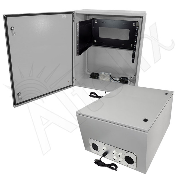 Altelix 28x24x16 19" Wide 6U Rack Steel Weatherproof NEMA Enclosure  with Single 120 VAC Duplex Outlet, Power Cord & 85°F Turn-On Cooling Fans