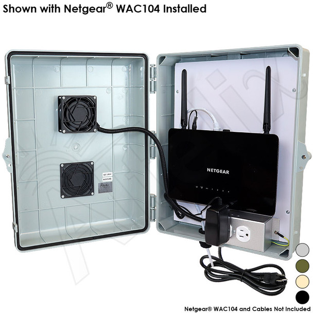 Altelix Weatherproof Enclosure for Netgear® AC1200 Dual Band Access Point WAC104 with Cooling Fan, 120VAC Outlets and Power Cord