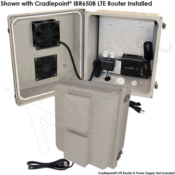 Altelix 14x12x8 Fiberglass Weatherproof Vented & Heated NEMA Enclosure for Cradlepoint® R500-PLTE, IBR600 and IBR900 Series LTE Routers with Cooling Fan, 200W Heater, 120 VAC Outlets & Power Cord