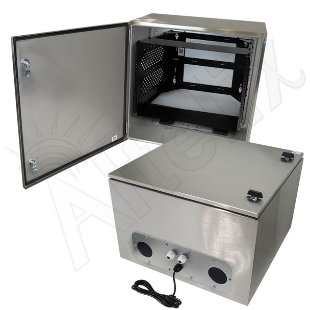 Altelix 24x24x16 Stainless Steel Weatherproof NEMA Enclosure with Heavy Duty 19" Wide Adjustable 8U Rack Frame, Dual Cooling Fans, 120 VAC Outlets and Power Cord