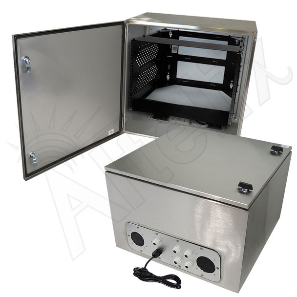 Altelix 24x24x16 Stainless Steel Weatherproof NEMA Enclosure with Heavy Duty 19" Wide Adjustable 8U Rack Frame, Single 120 VAC Duplex Outlet, Power Cord & 85°F Turn-On Cooling Fans