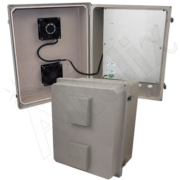 Altelix 20x16x12 Fiberglass Weatherproof Vented NEMA Enclosure with Dual 85°F Turn-On Cooling Fans and 120 VAC Outlets