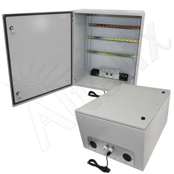 Altelix 28x24x16 Industrial DIN Rail Steel Weatherproof Enclosure with Dual Cooling Fans, Dual 120 VAC Duplex Outlets and Power Cord