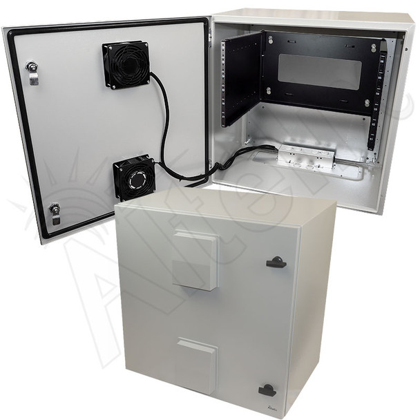 Altelix 24x24x16 Steel Weatherproof NEMA Enclosure with Heavy Duty 19" Wide Adjustable 6U Rack Frame, Dual Door Mounted Cooling Fans, Dual 120 VAC Duplex Outlets and Power Cord