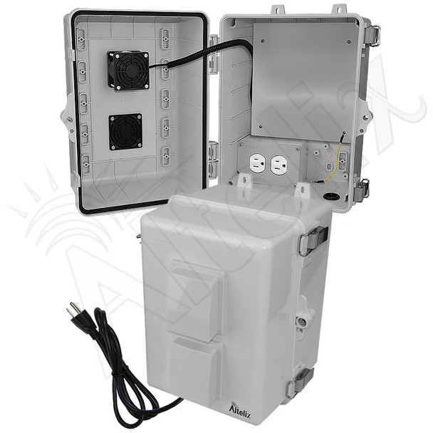 Altelix 12x9x9 Polycarbonate + ABS Vented Enclosure with Aluminum Equipment Mounting Plate, Cooling Fan, 120 VAC Outlets & Power Cord