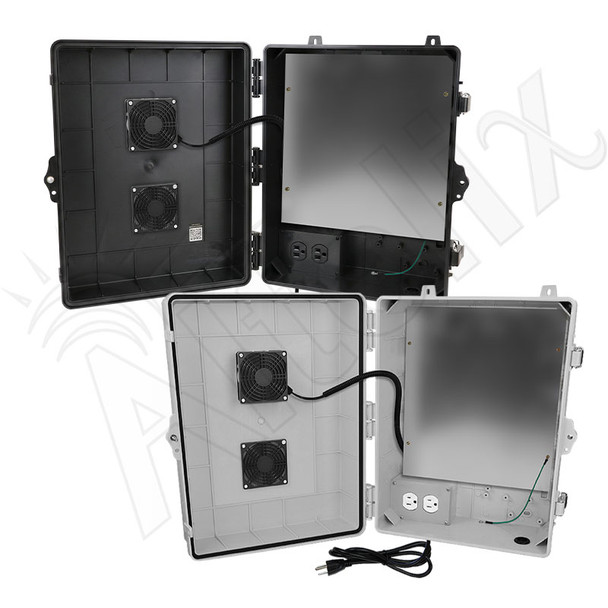 Altelix 17x14x7 Polycarbonate + ABS Vented Enclosure with Aluminum Equipment Mounting Plate, Cooling Fan, 120 VAC Outlets & Power Cord