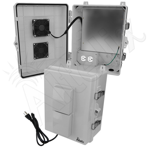 Altelix 14x11x7 Polycarbonate + ABS Vented Enclosure with Aluminum Equipment Mounting Plate, Cooling Fan, 120 VAC Outlets & Power Cord