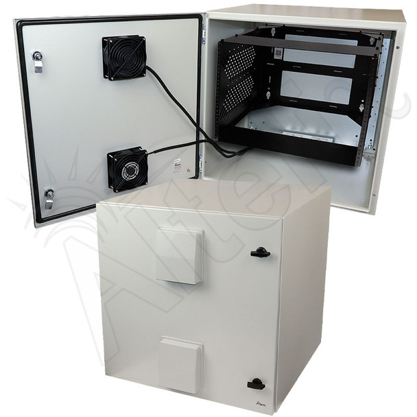 Altelix 24x24x24 Steel Weatherproof NEMA Enclosure with 19" Wide 8U Adjustable Rack Frame, Dual Door Mounted Cooling Fans, Dual 120 VAC Duplex Outlets and Power Cord