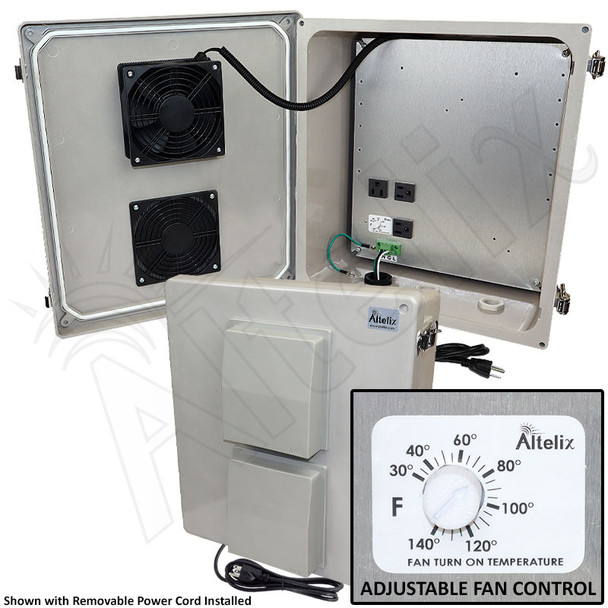 Altelix 14x12x6 Fiberglass Vented Fan Cooled Weatherproof NEMA Enclosure with Aluminum Mounting Plate, 120 VAC Outlets and Power Cord