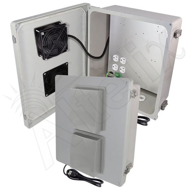 Altelix 14x12x6 Fiberglass Weatherproof Vented NEMA Enclosure with 120 VAC Outlets, Power Cord & 85&deg;F Turn-On Cooling Fan