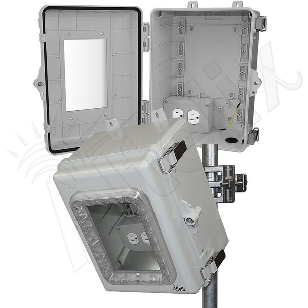 Altelix Windowed Aimable 120VAC Enclosure - 12x9x7 Polycarbonate + ABS NEMA 4X Directional Enclosure with Window, Tilt-and-Swivel Mount, 120VAC Outlets & Power Cord