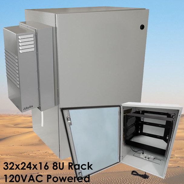 Altelix Air Conditioned Enclosure with Heat and 8U Equipment Rack - 32x24x16 Steel Weatherproof NEMA 4X Rated with 120VAC Power Outlets